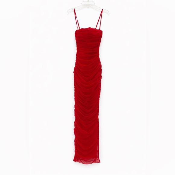 House Of CB Fornarina Red Ruched Bodycon Organza
Mesh Midi Dress with Side Slit - Picture 2 of 16
